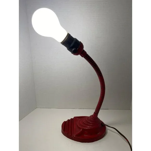 Industrial Art Deco red desk lamp cast iron gooseneck no shade 13" - Picture 1 of 11